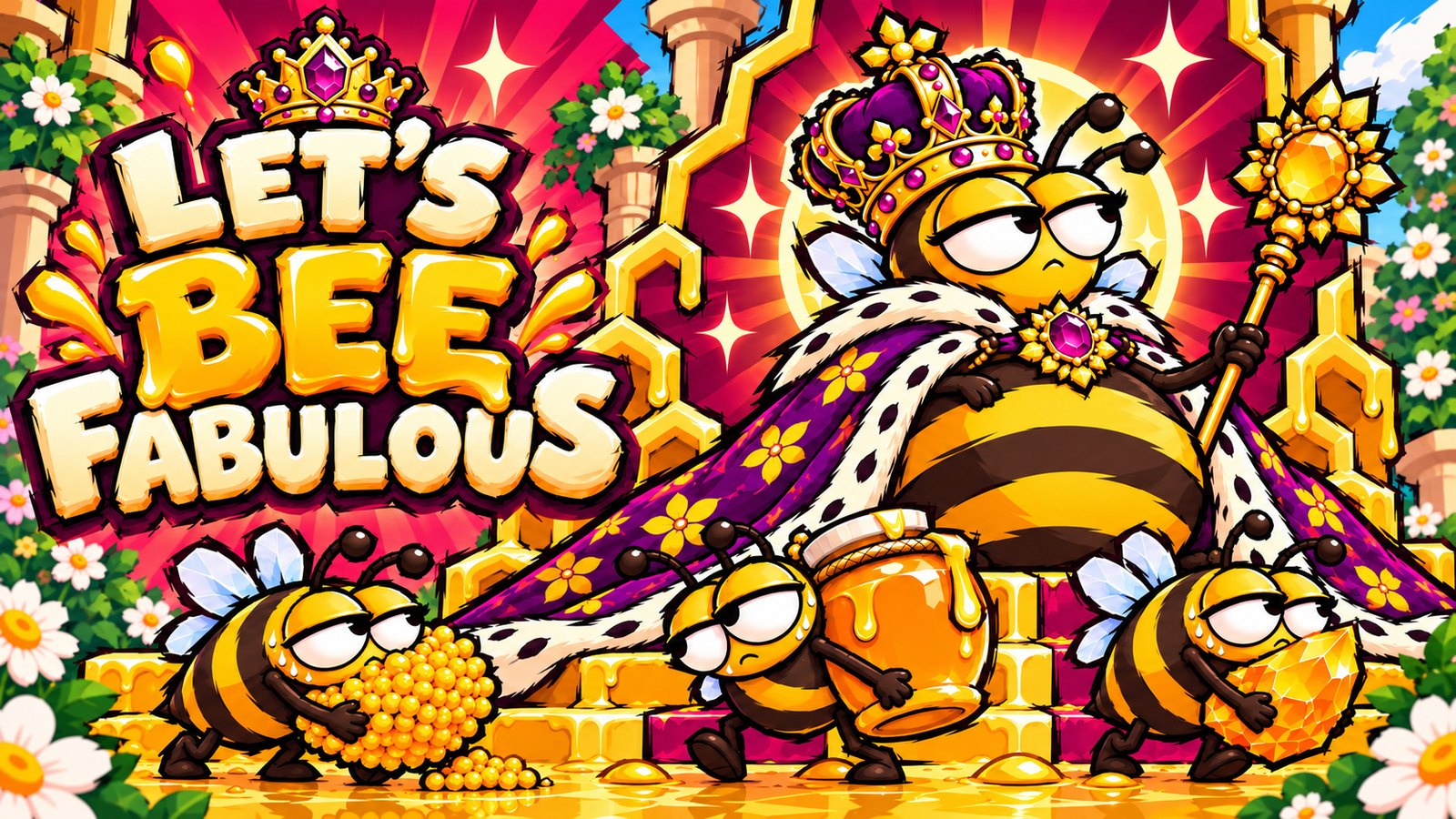 Let's Bee Fabulous: the Queen in her crown and ermine, three workers hauling pollen, honey and sap at her feet